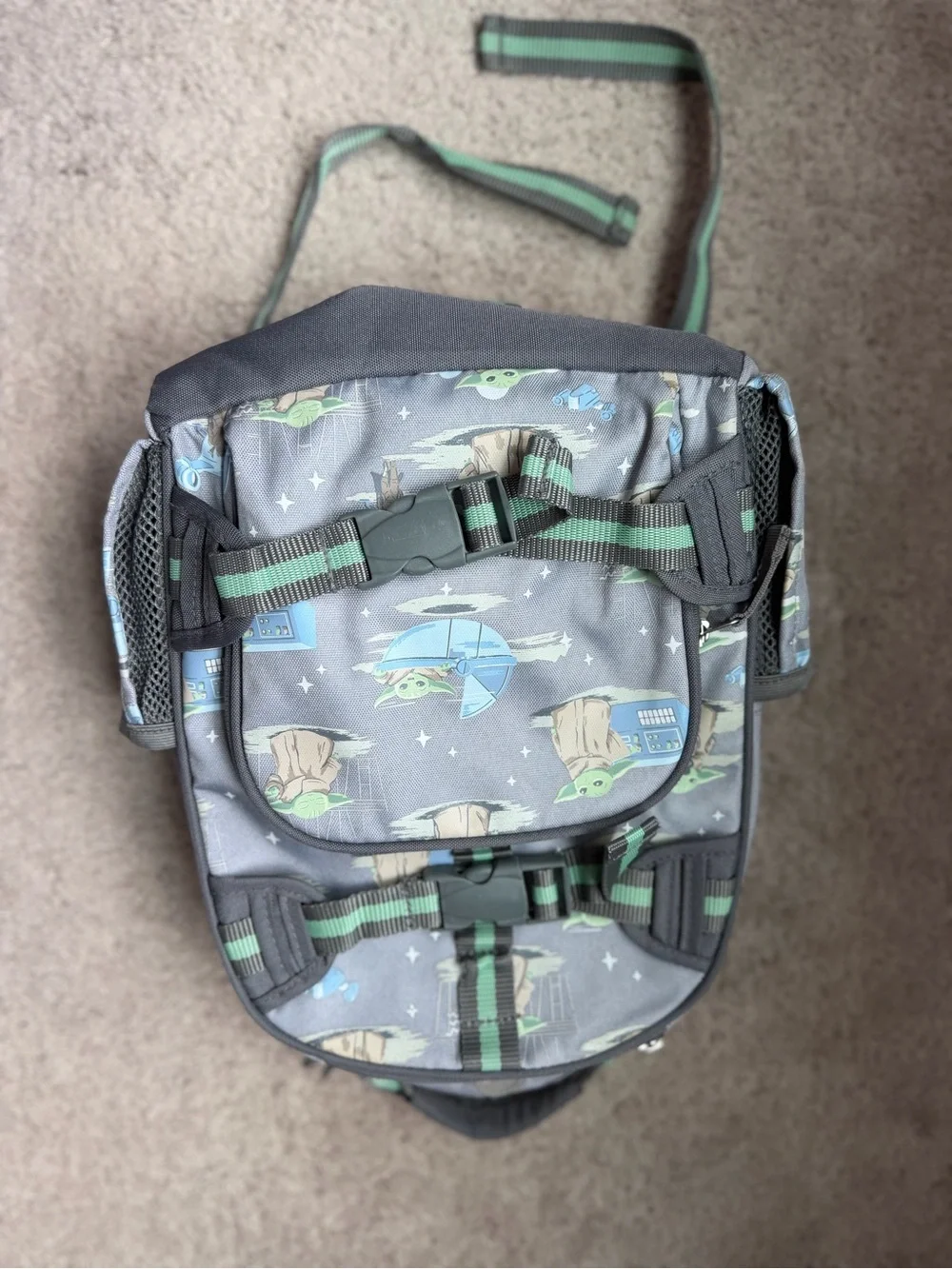Pottery Barn Kids Gray Backpack with Green Accent Straps featuring Grogu Print